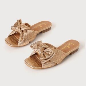 Lulus Lortho Rose Gold Metallic Pleated Bow Slide Sandals - Size 11